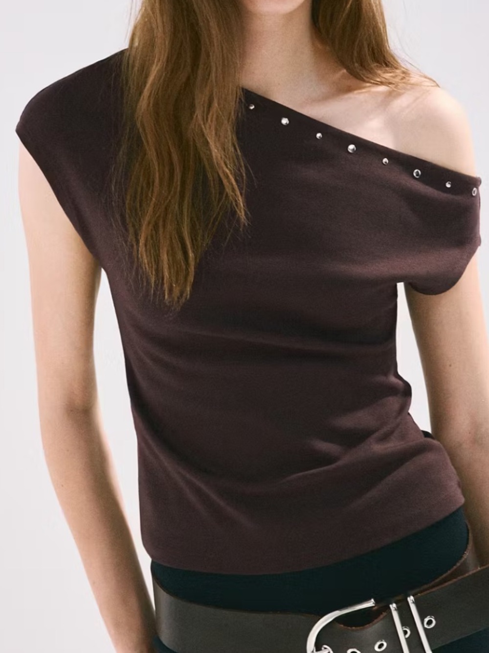 Mango Short-Sleeve Boatneck Top in Dark Brown with Stud Detail 1465